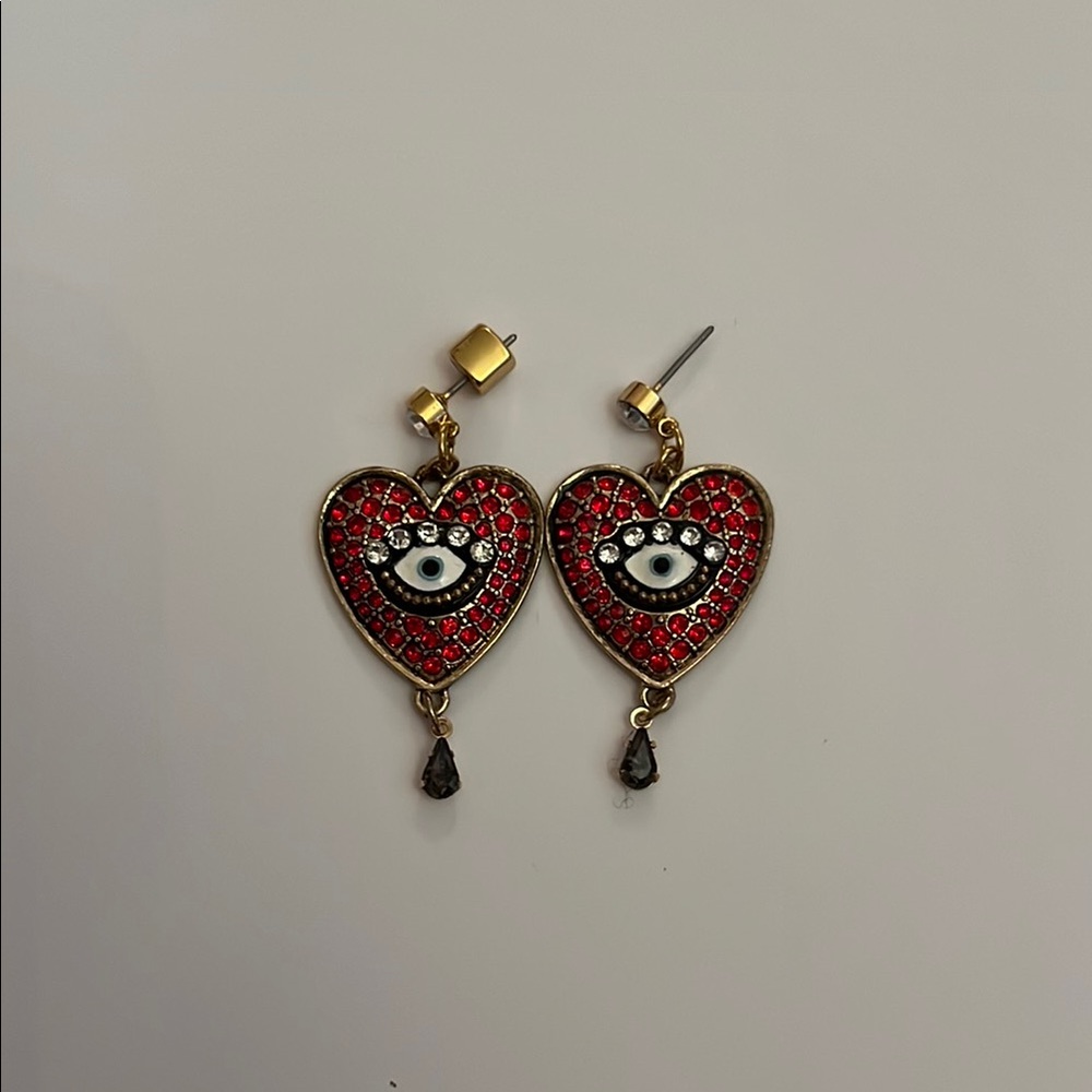 Betsey Johnson Red and Gold Rhinestone Eye Heart Earrings